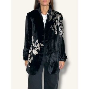 Dana Buchman Black Velvet Floral Embroidered Mandarin Collar Jacket Blazer Sz 16